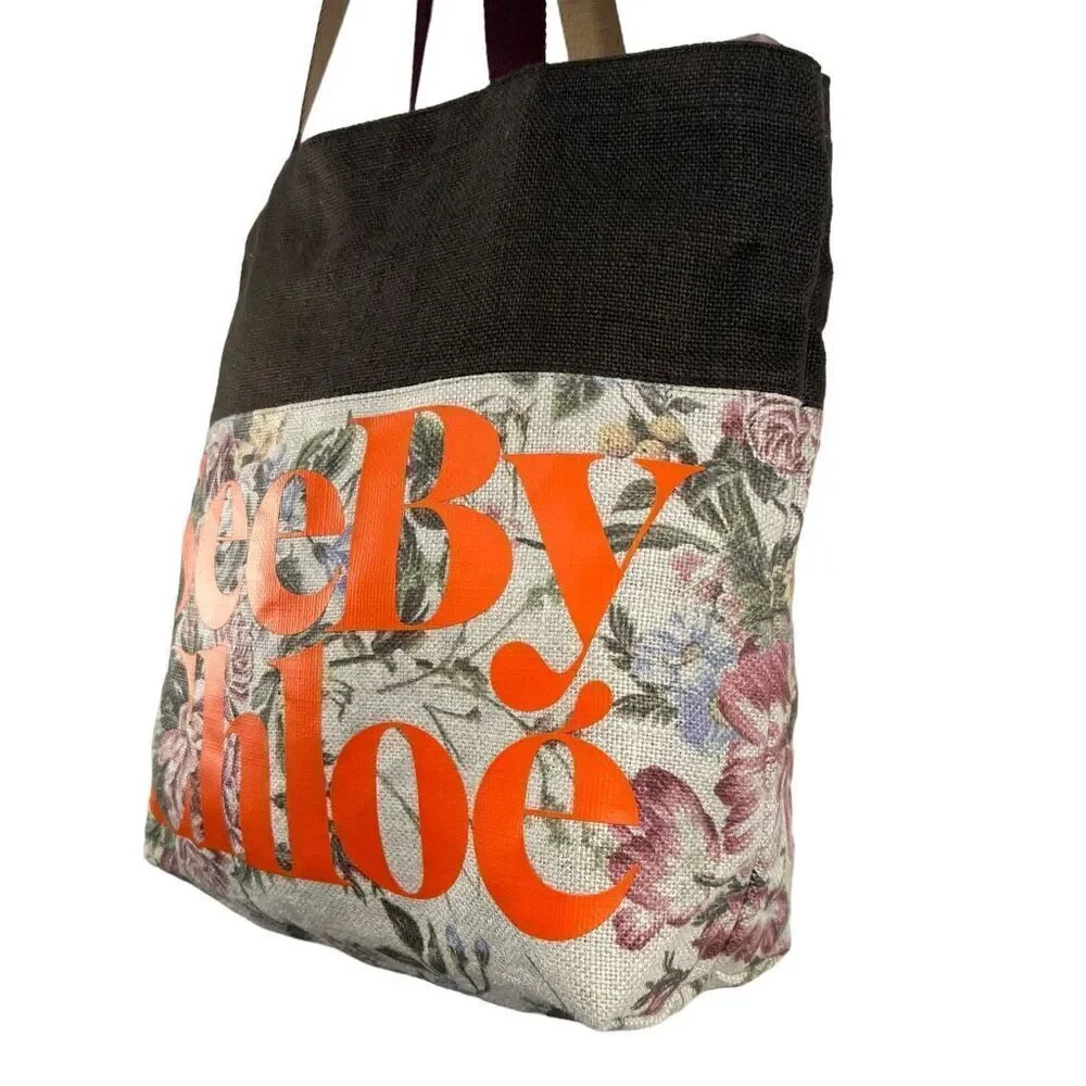 See By Chloé Floral Canvas Casual Style Logo Beige Brown and Purple Tote Bag